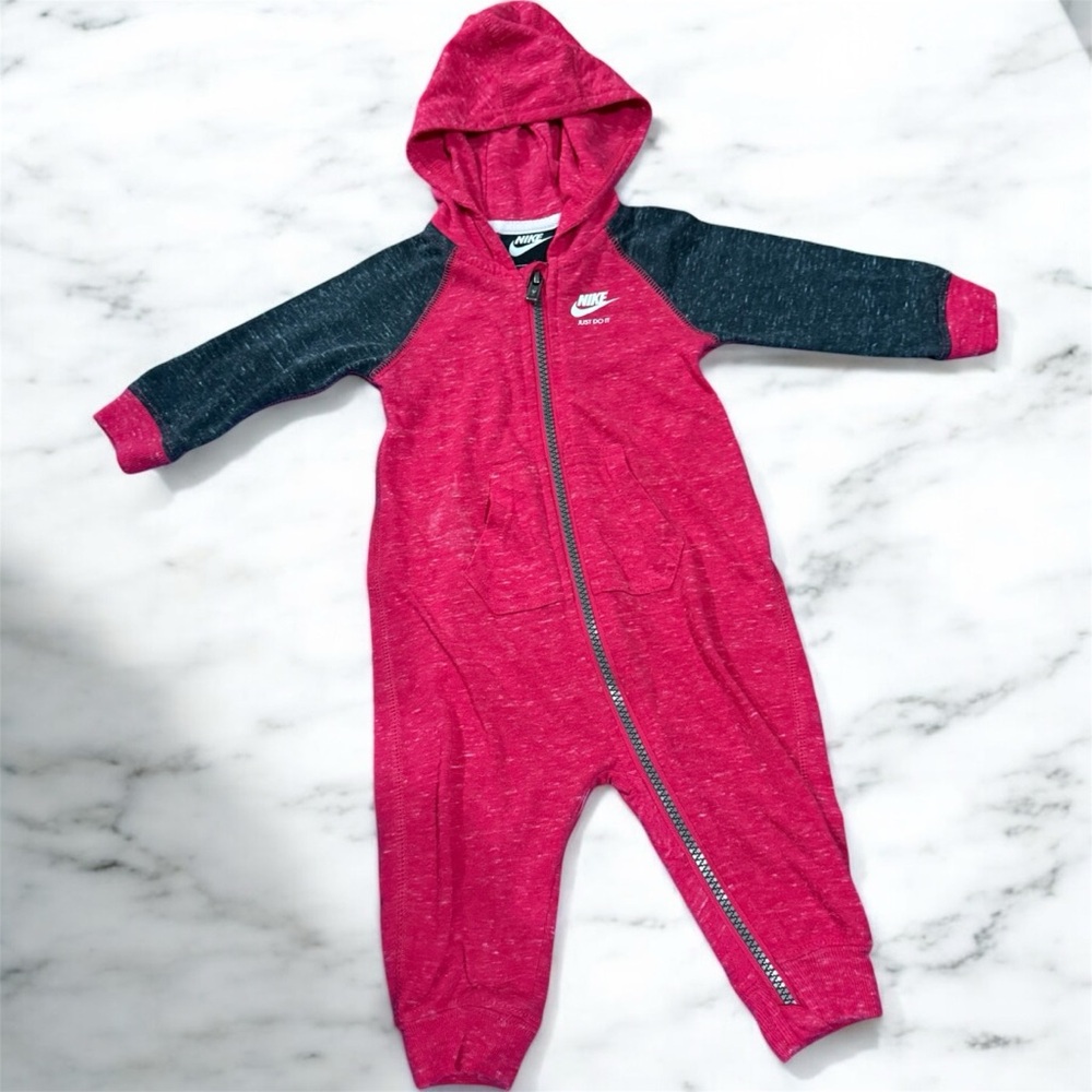 Nike Gray and Pink Bodysuit with Hood and Full-Length Zipper